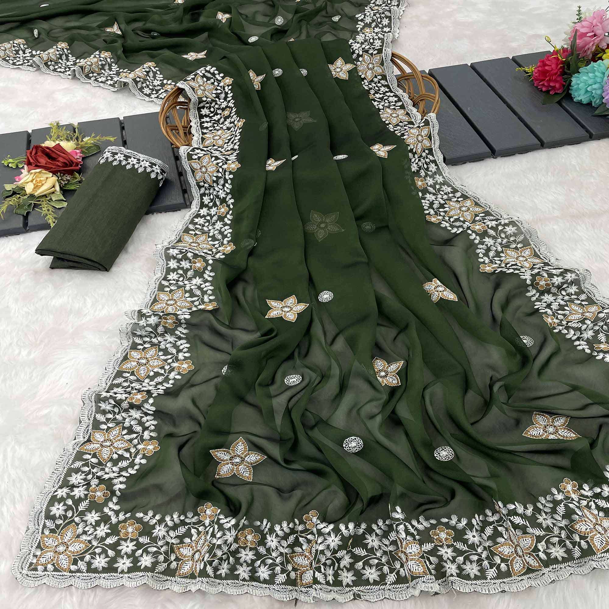 Green Designer Art Silk Saree Enhanced with Fine Floral Embroidery Work