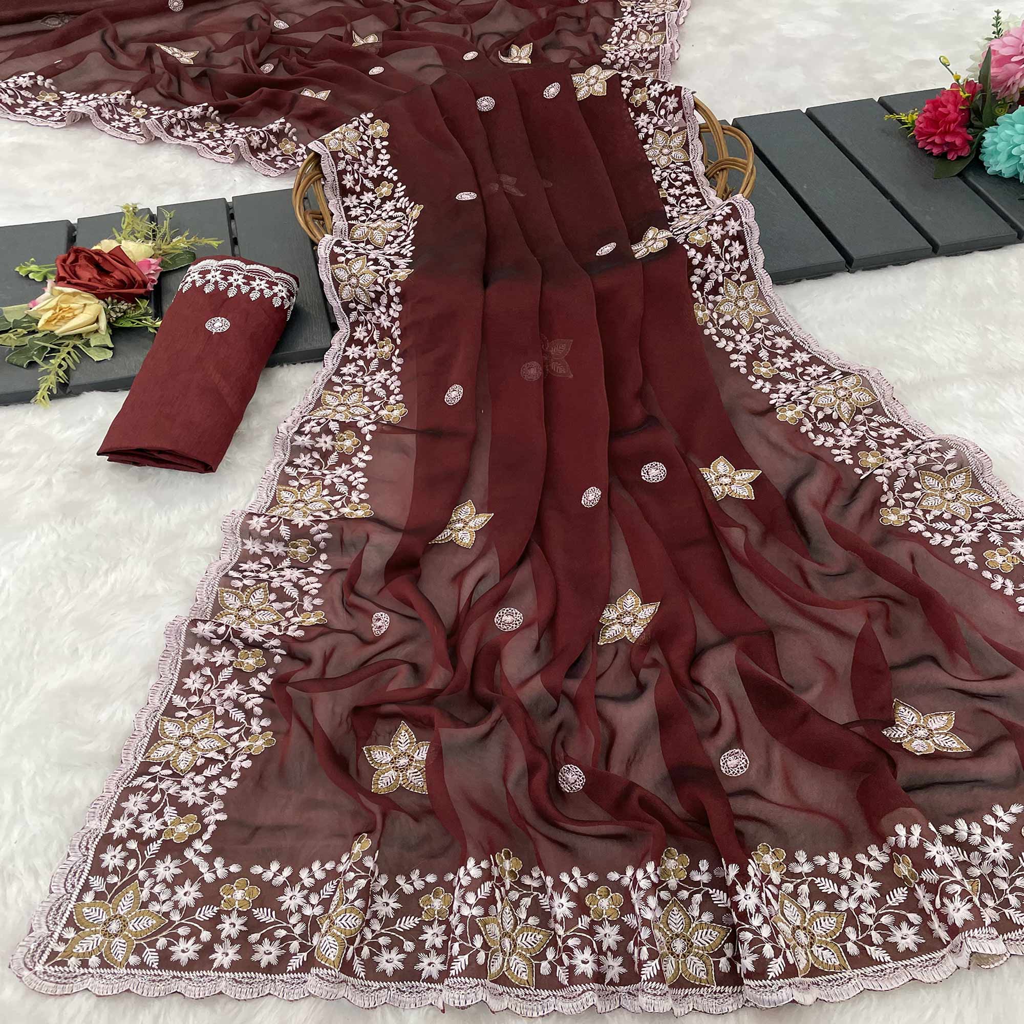 Maroon Designer Art Silk Saree Enhanced with Fine Floral Embroidery Work