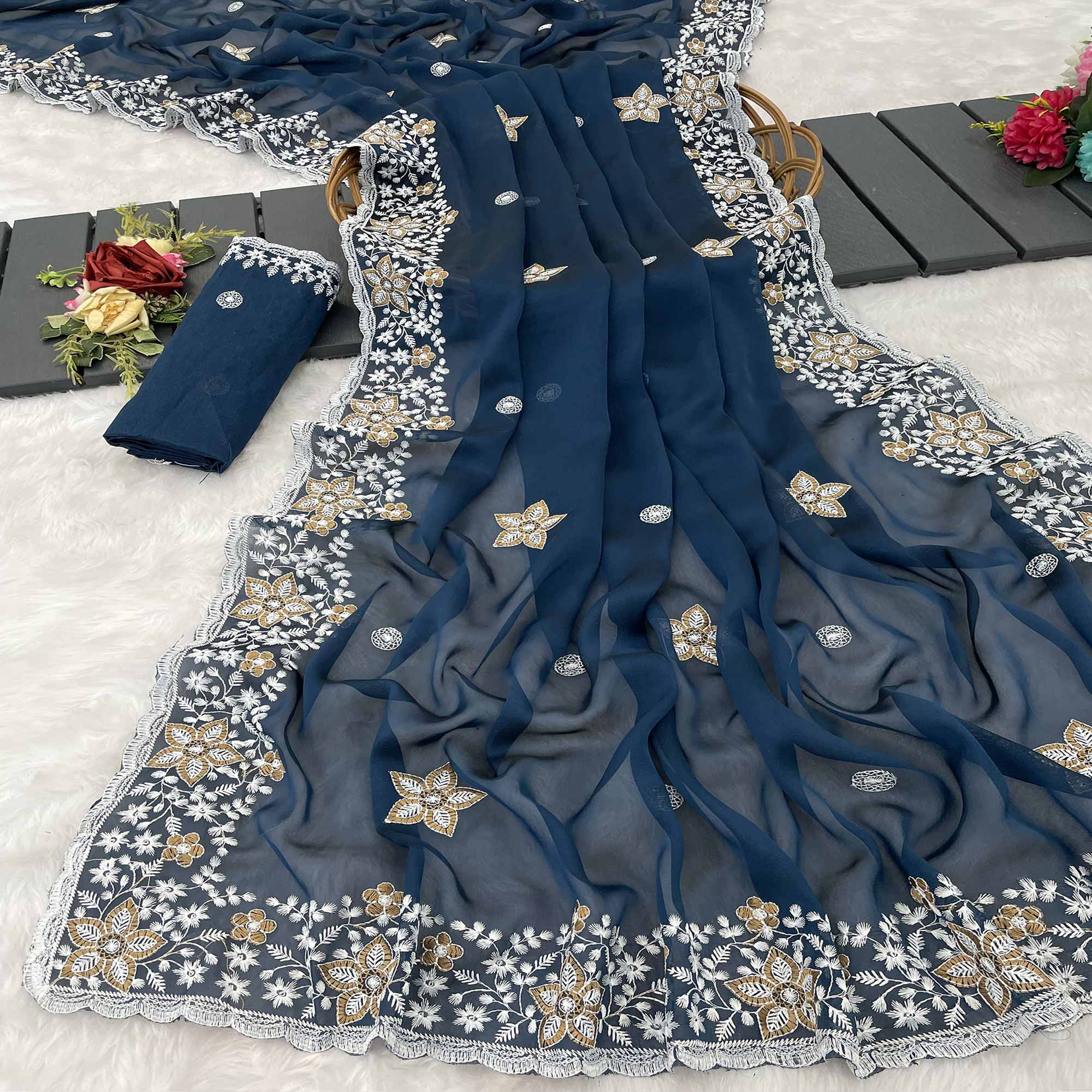 Teal Designer Art Silk Saree Enhanced with Fine Floral Embroidery Work