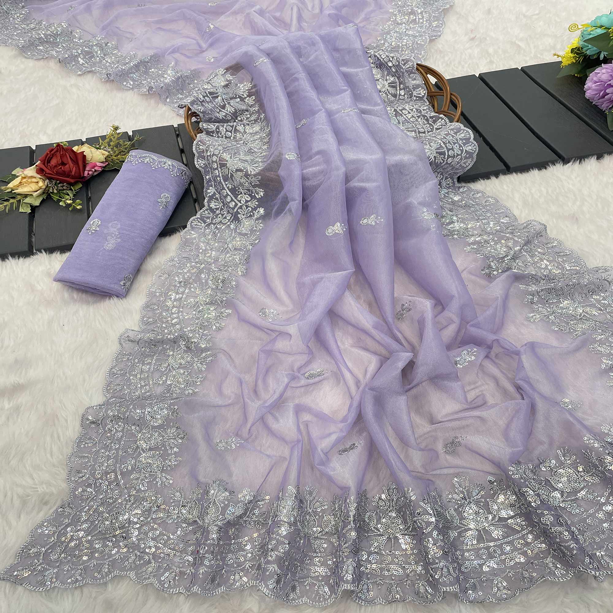 Lavender Sequins Embroidered Twill Net Designer Embellished Saree