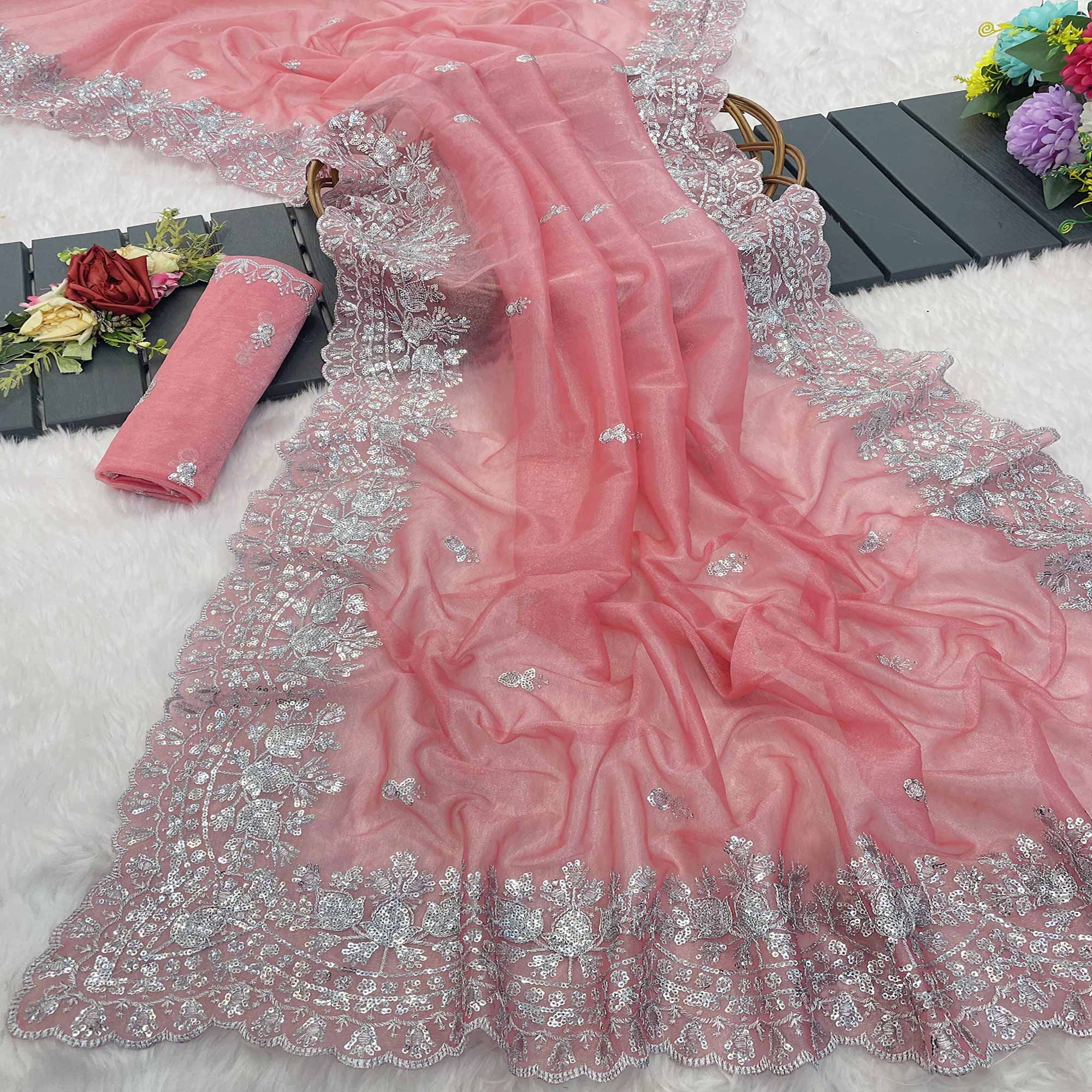 Peach Sequins Embroidered Twill Net Designer Embellished Saree