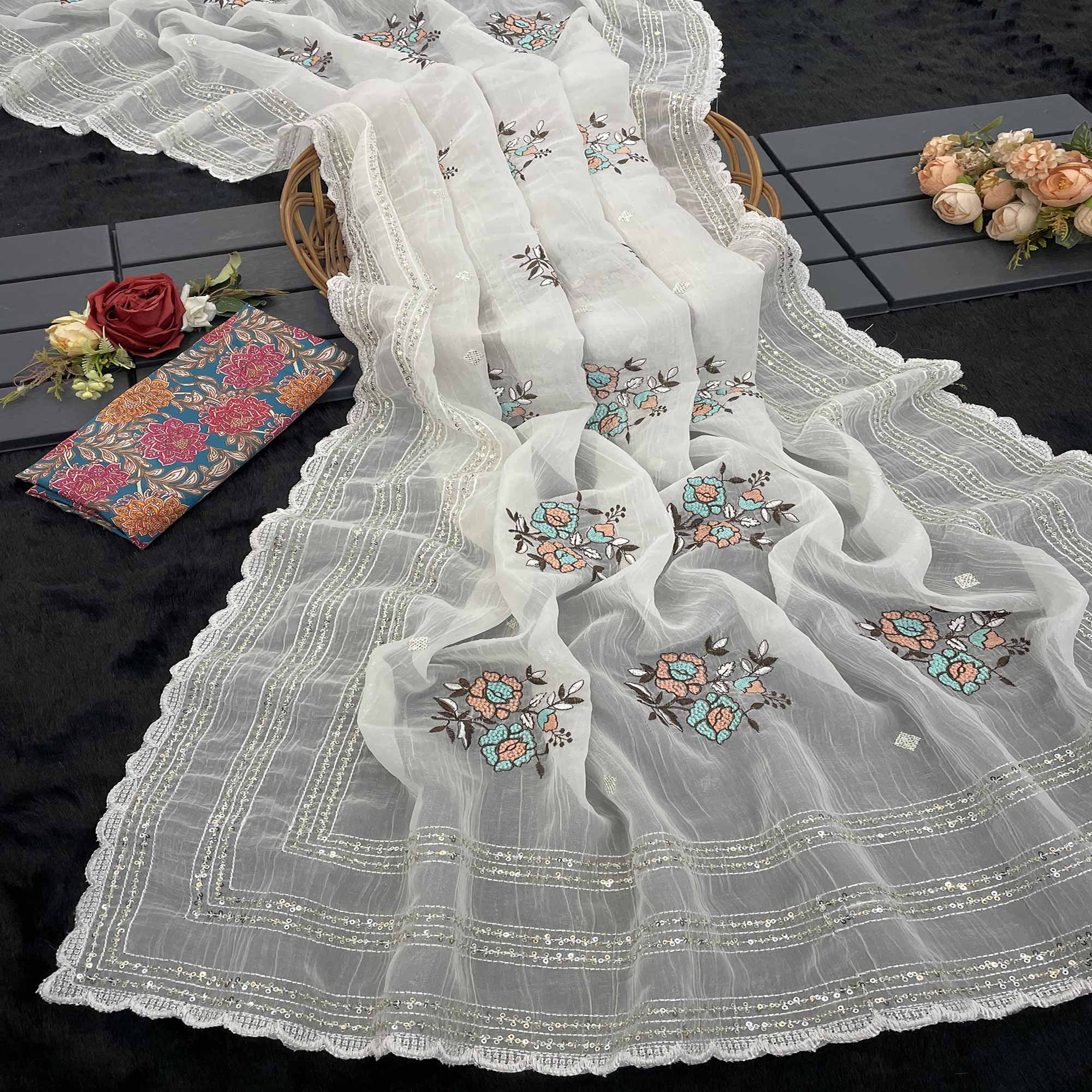 White Embroidered Cotton Silk Saree with Subtle Sequins Detailing