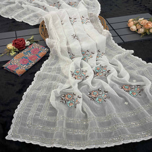 White Embroidered Cotton Silk Saree with Subtle Sequins Detailing