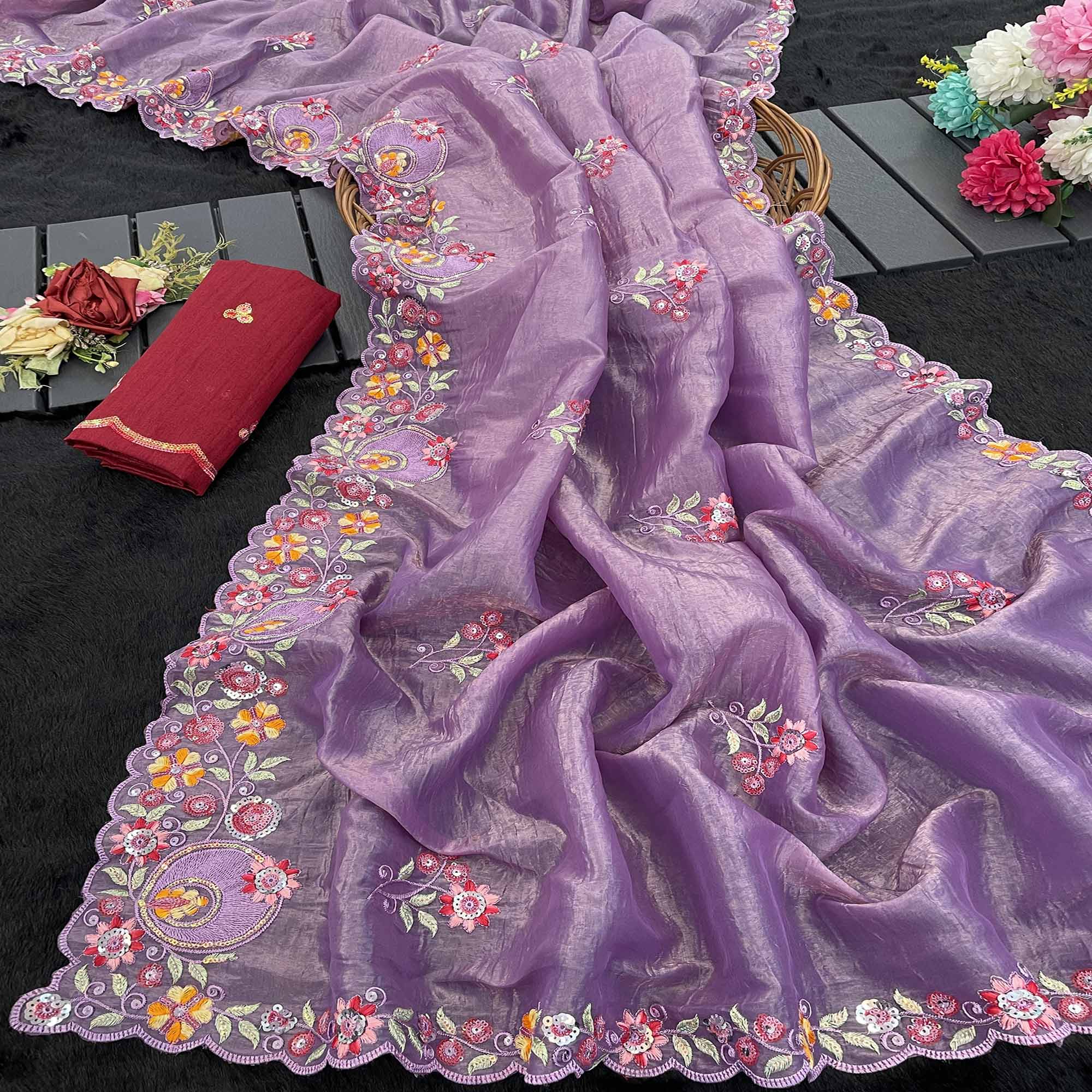 Lavender Elegance Cotton Silk Saree with Floral Sequins Embroidery