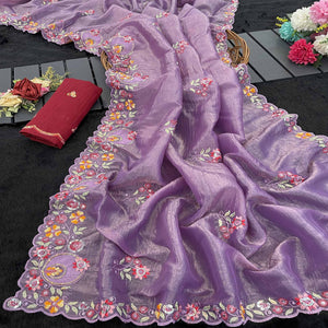 Lavender Elegance Cotton Silk Saree with Floral Sequins Embroidery