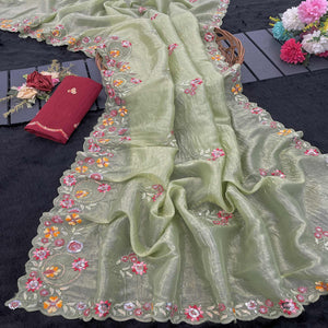 Pista Green Elegance Cotton Silk Saree with Floral Sequins Embroidery