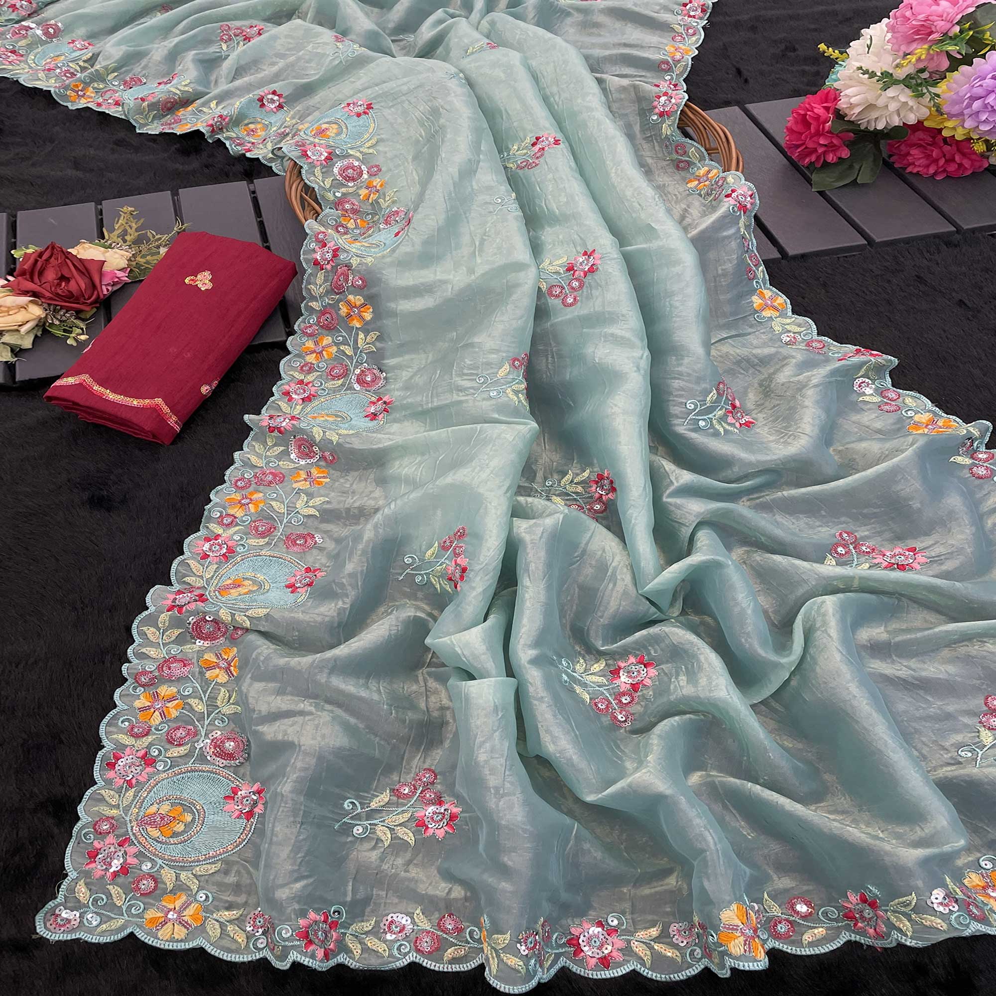 Turquoise Elegance Cotton Silk Saree with Floral Sequins Embroidery