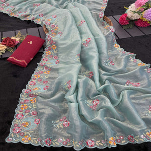 Turquoise Elegance Cotton Silk Saree with Floral Sequins Embroidery