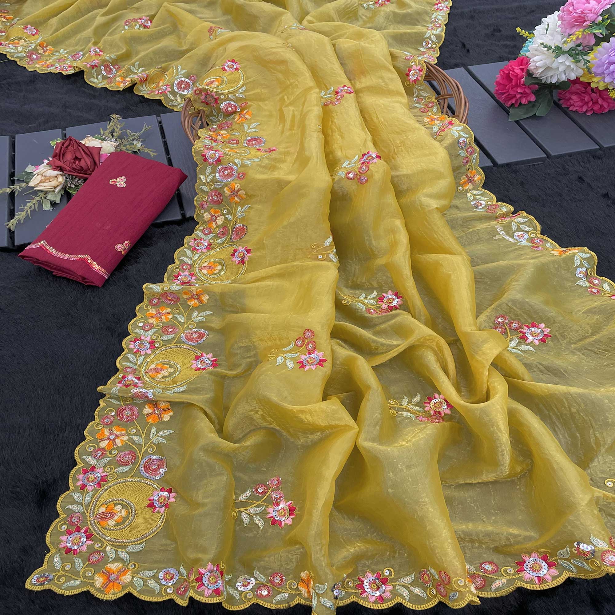 Yellow Elegance Cotton Silk Saree with Floral Sequins Embroidery