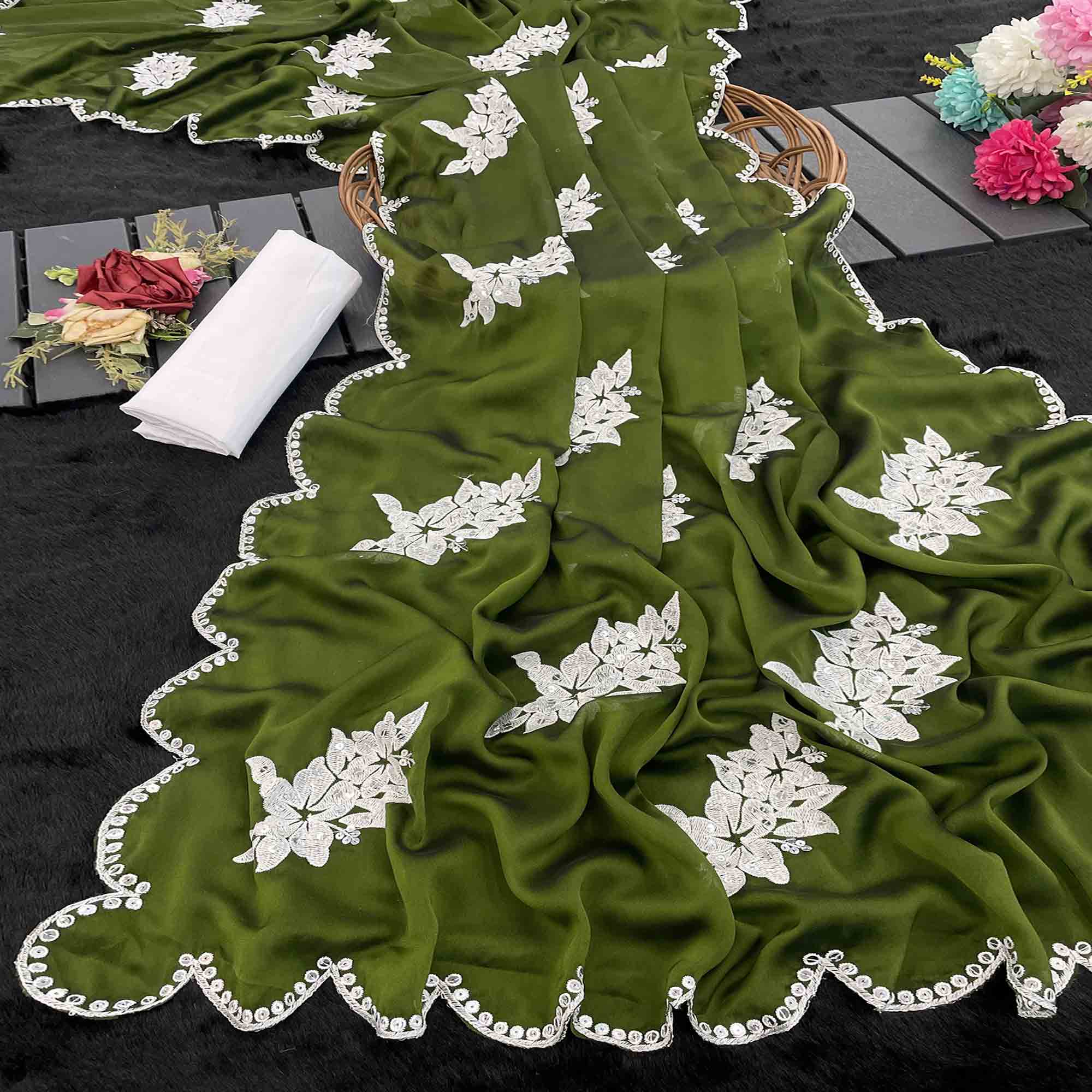 Mehendi Green Silk Blend Saree with Embroidered Floral Design in Sequins & Thread