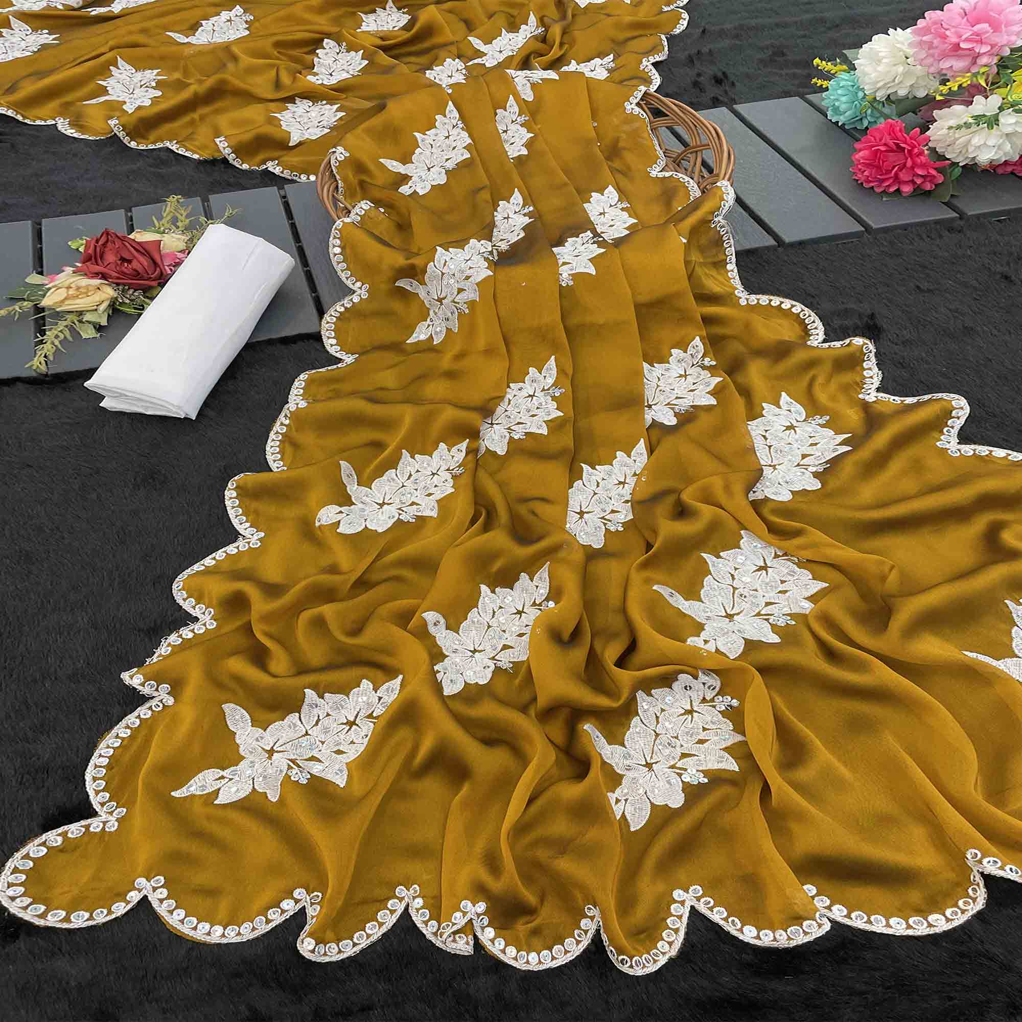 Mustard Silk Blend Saree with Embroidered Floral Design in Sequins & Thread