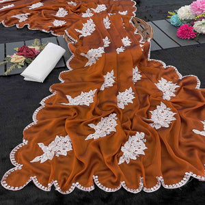 Rust Silk Blend Saree with Embroidered Floral Design in Sequins & Thread