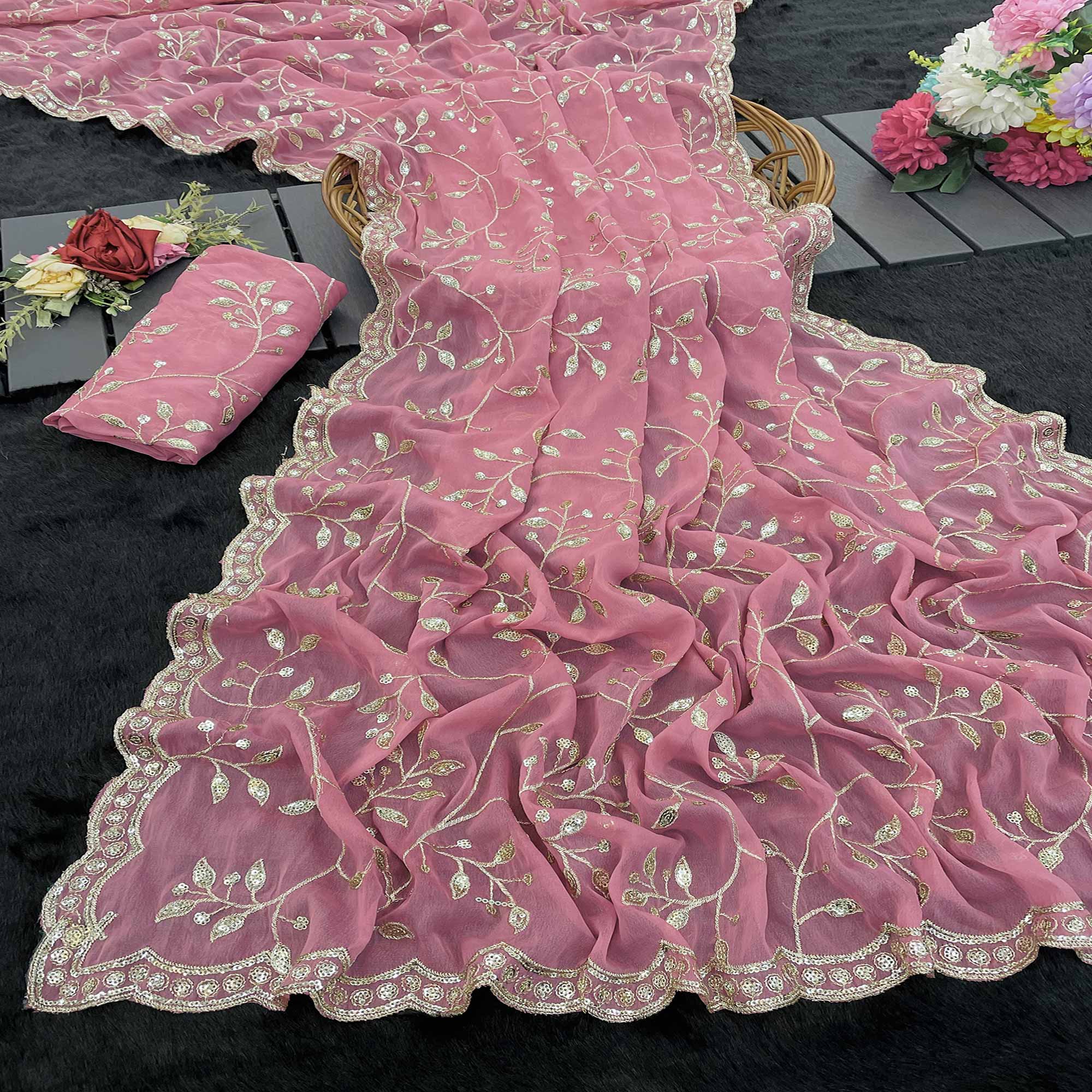 Designer Pink Georgette Saree Featuring Intricate Sequins & Embroidery Work