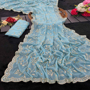 Designer Turquoise Georgette Saree Featuring Intricate Sequins & Embroidery Work