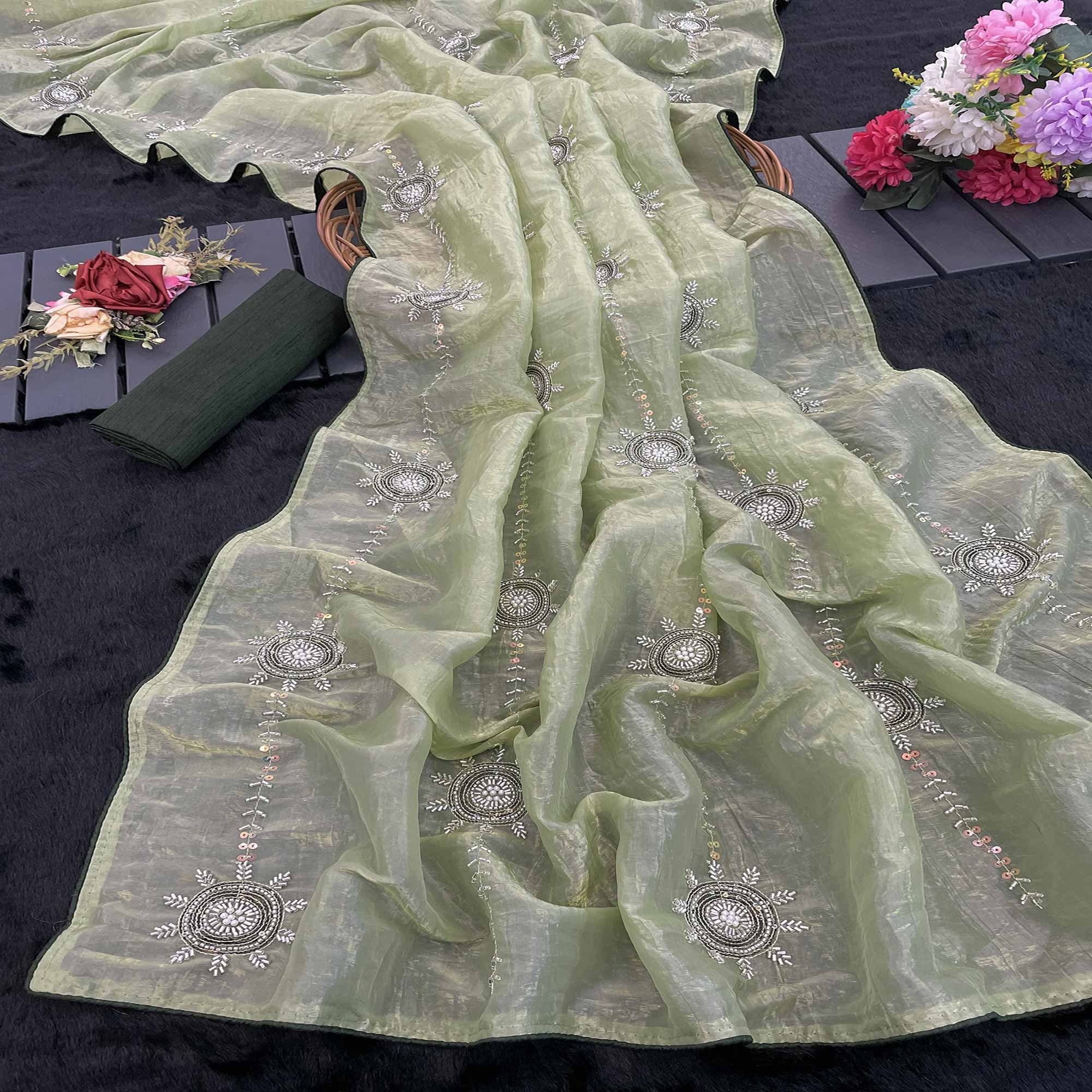 Pista Green Designer Silk Blend Saree Embellished with Stones & Beads