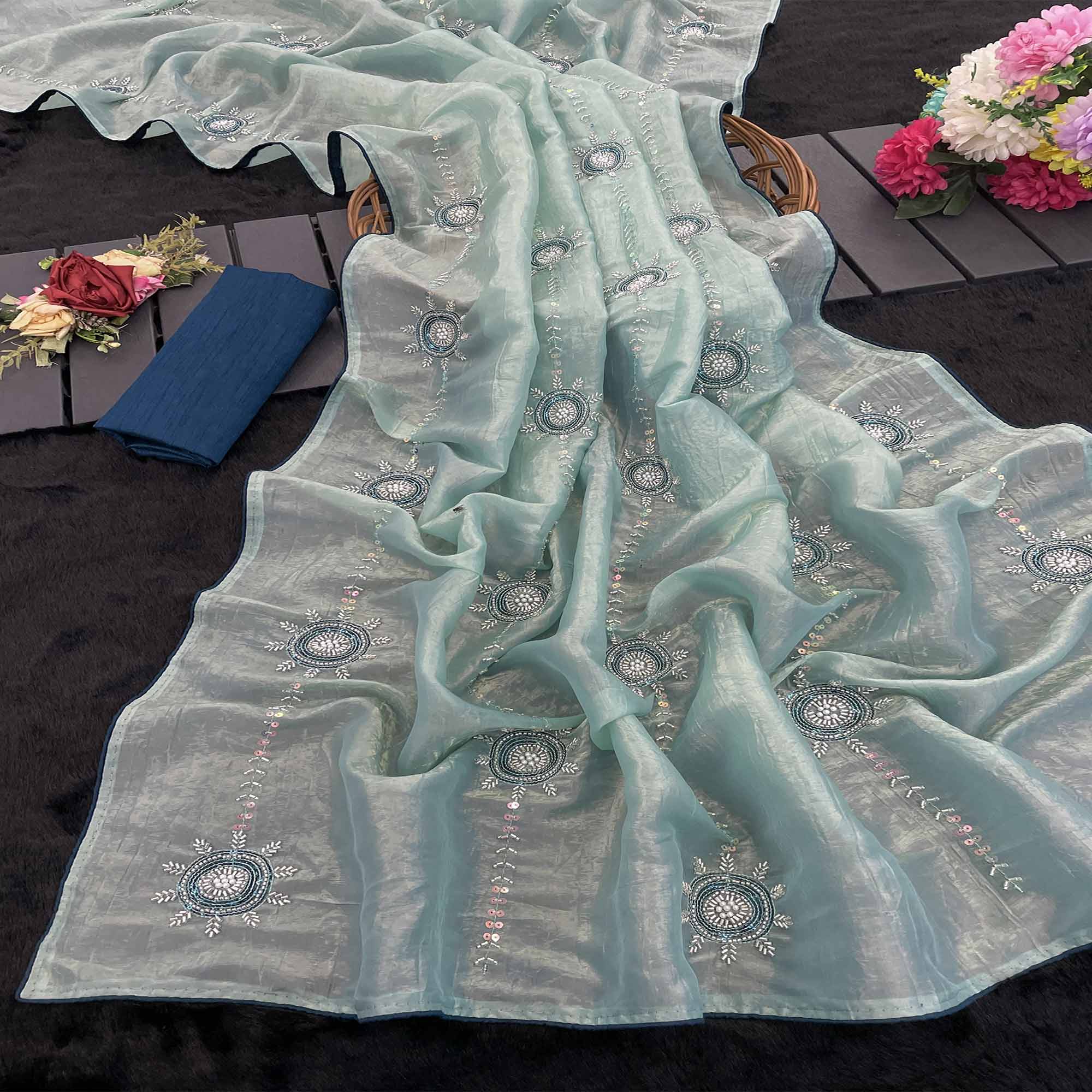 Turquoise Designer Silk Blend Saree Embellished with Stones & Beads