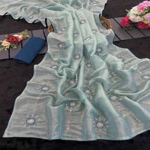 Turquoise Designer Silk Blend Saree Embellished with Stones & Beads