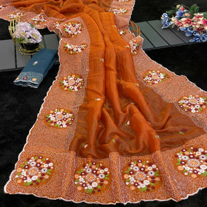Orange Cotton Silk Saree with Beautiful Floral Embroidery for Parties & Celebrations