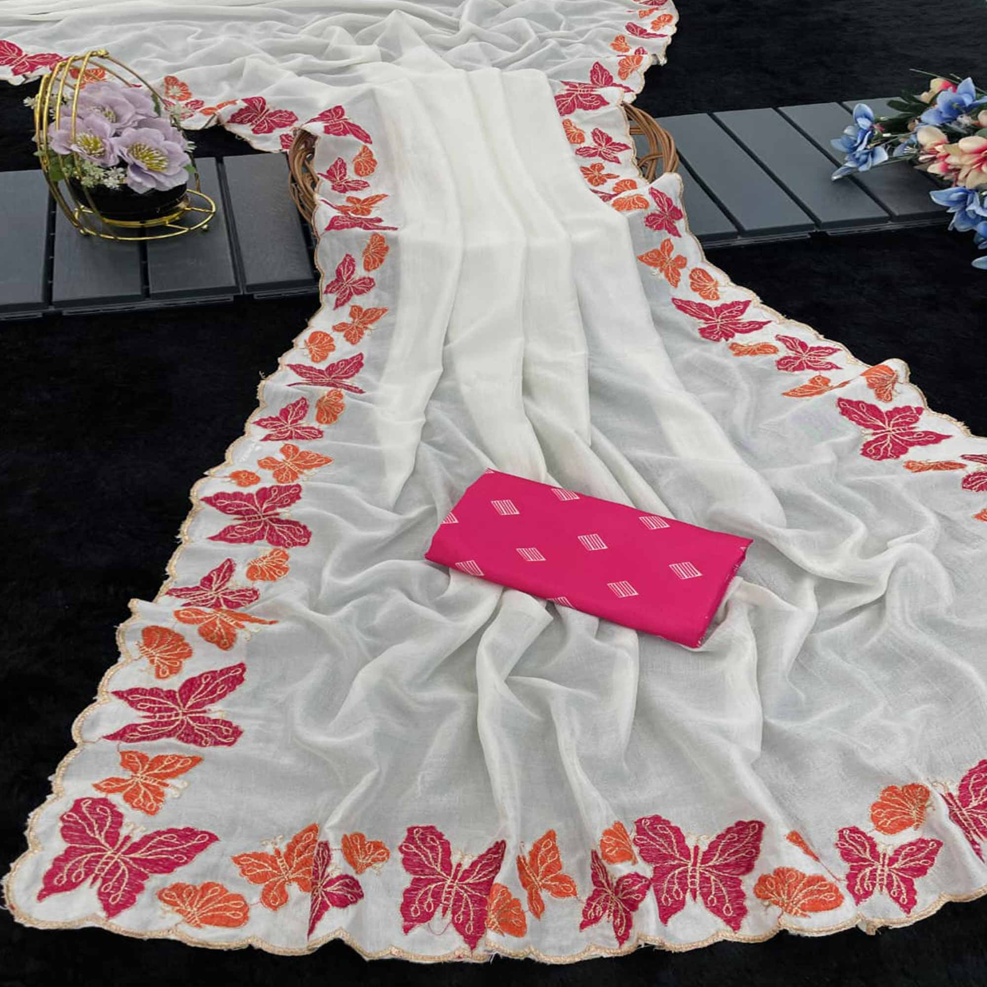 Off White Pure Vichitra Silk Saree with Graceful Butterfly Inspired Embroidery Detailing