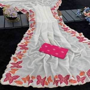 Off White Pure Vichitra Silk Saree with Graceful Butterfly Inspired Embroidery Detailing