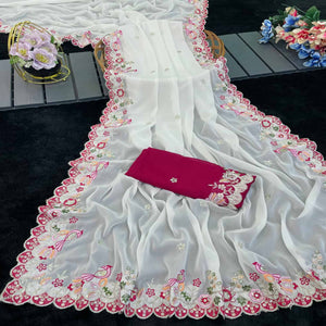 Stylish Off White Georgette Partywear Saree with Beautifully Embroidered Border Detailing