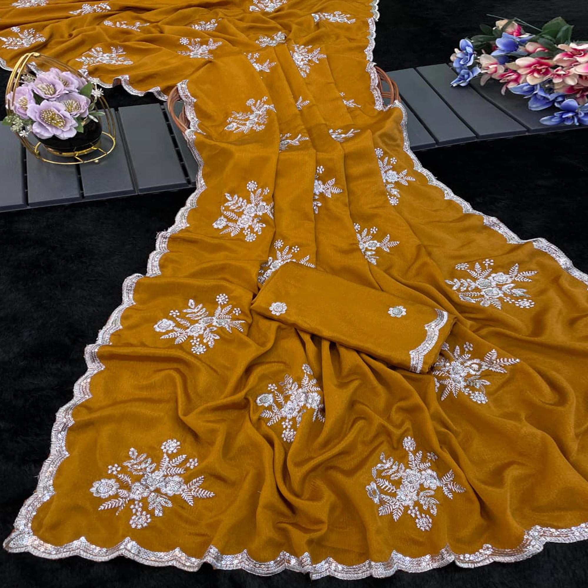Designer Mustard Pure Chinon Saree Highlighted with Elegant Sequins Embroidery