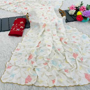 Graceful White Vichitra Silk Saree Adorned With Floral Sequins Embroidery & Golden Arco Border
