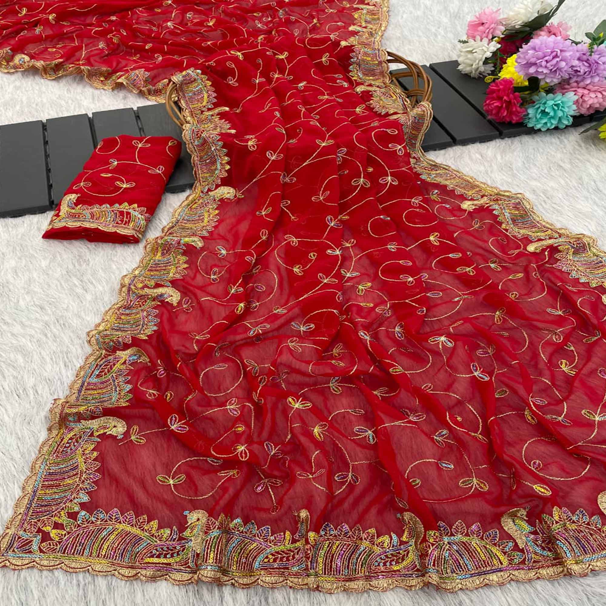 Elegant Red Floral Sequin & Thread Embroidered Georgette Saree With Exquisite Peacock Design Border