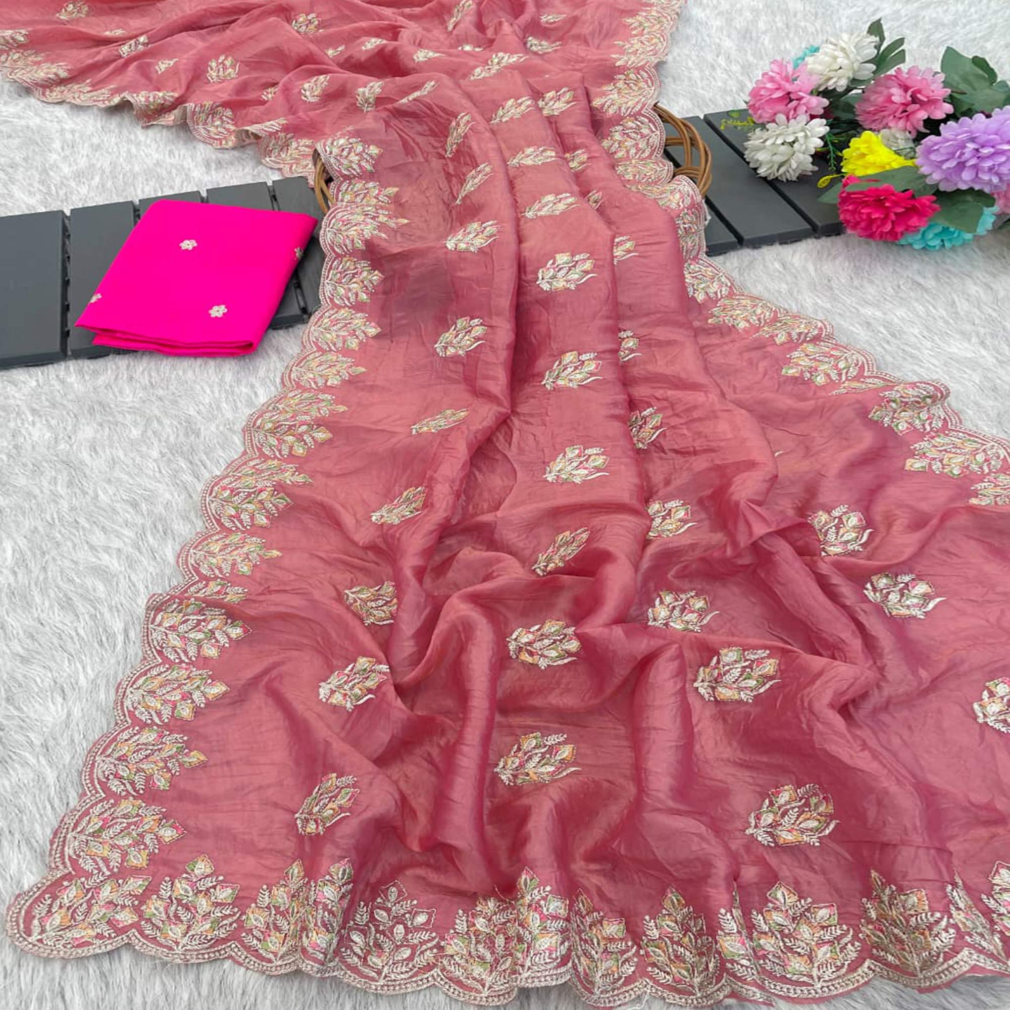 Classic Dusty Pink Silk Blend Crush Saree Beautifully Embellished With Floral Thread Embroidery