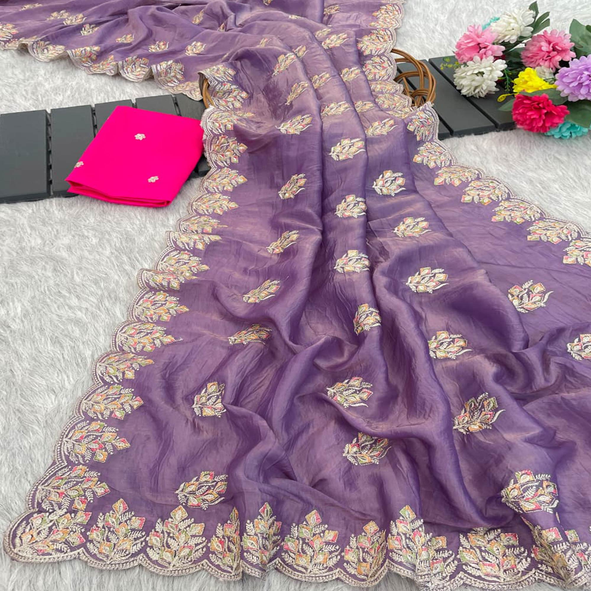 Classic Lavender Silk Blend Crush Saree Beautifully Embellished With Floral Thread Embroidery