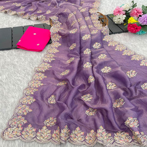 Classic Lavender Silk Blend Crush Saree Beautifully Embellished With Floral Thread Embroidery