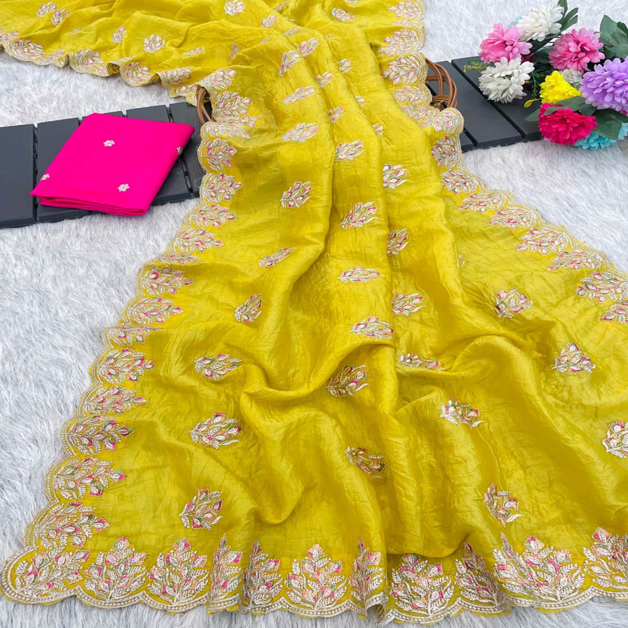 Classic Mustard Silk Blend Crush Saree Beautifully Embellished With Floral Thread Embroidery