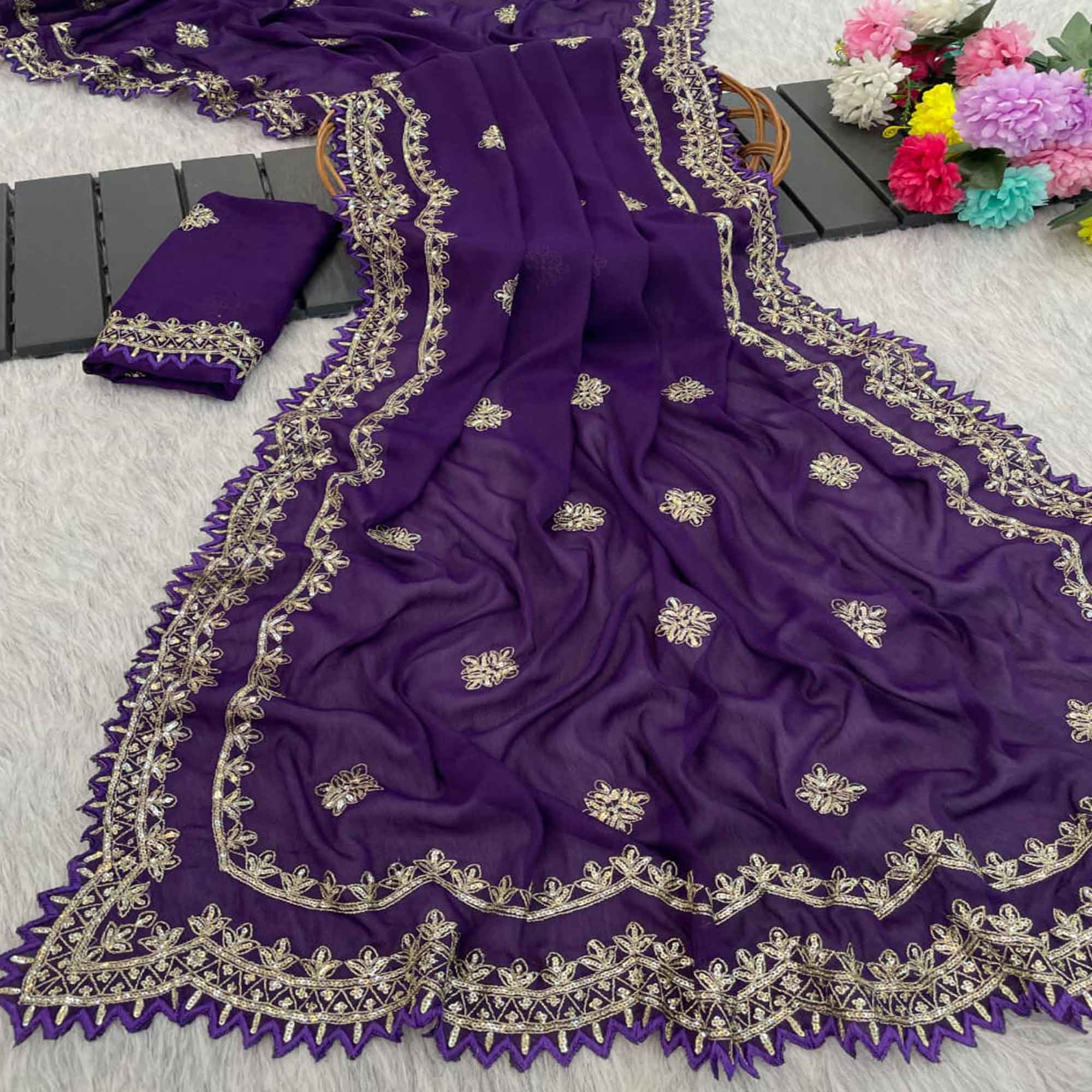Radiant Purple Thread Work Georgette Silk Saree Beautifully Enhanced With Sequins Embellishment