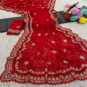 Radiant Red Thread Work Georgette Silk Saree Beautifully Enhanced With Sequins Embellishment