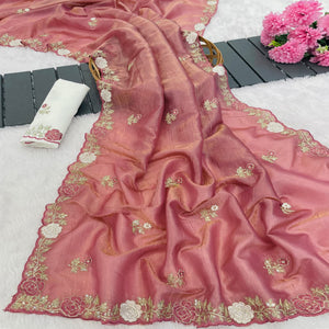 Rose Pink Lightweight Georgette Crush Saree Adorned with Delicate Floral Embroidery