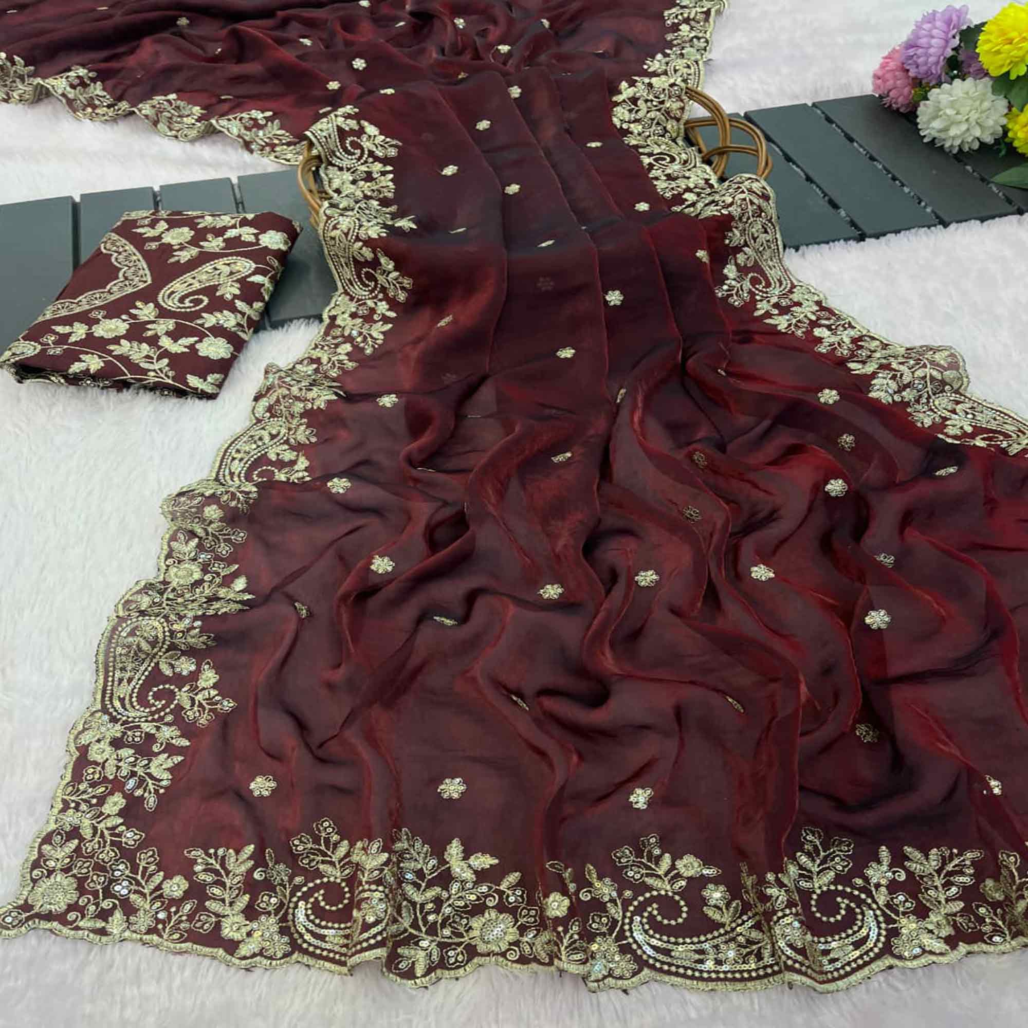 Burgundy Partywear Organza Satin Silk Crush Saree with Delicate Floral Embroidery
