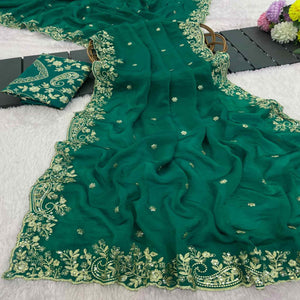 Green Partywear Organza Satin Silk Crush Saree with Delicate Floral Embroidery