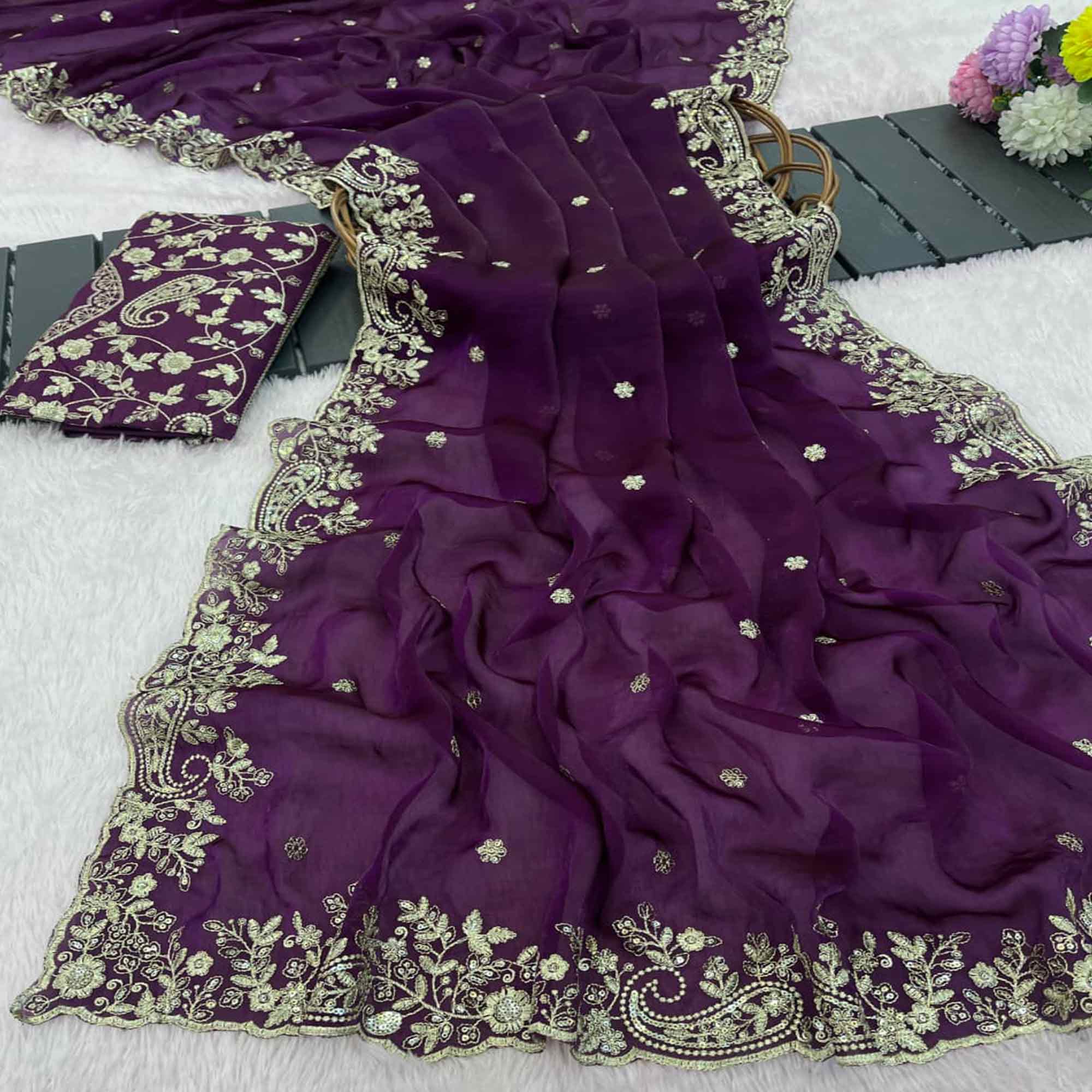 Purple Partywear Organza Satin Silk Crush Saree with Delicate Floral Embroidery