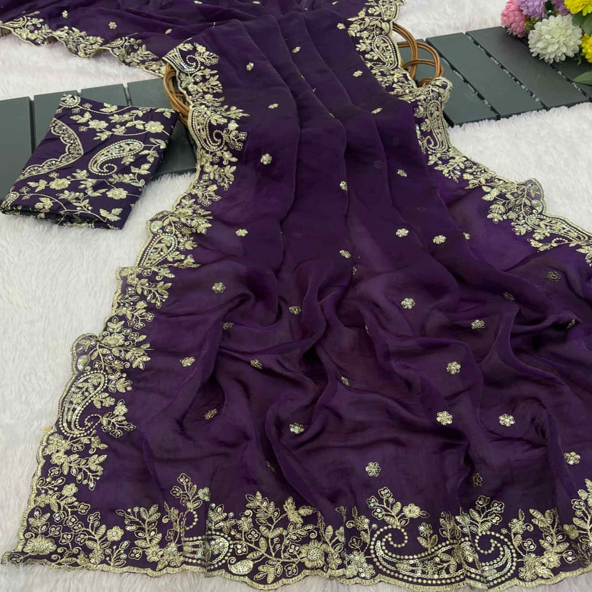Violet Partywear Organza Satin Silk Crush Saree with Delicate Floral Embroidery