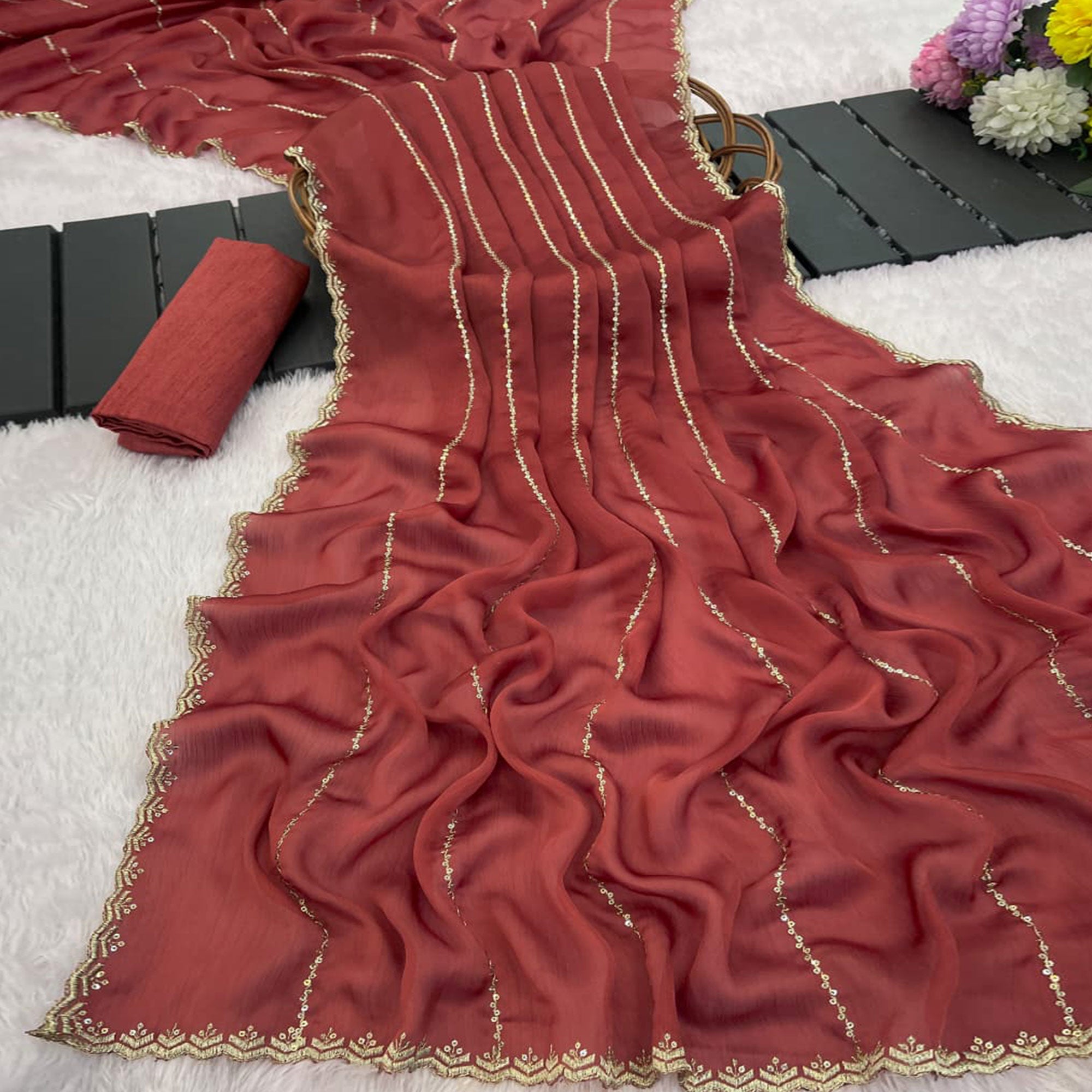 Brick Red Soft Satin Chiffon Saree Adorned with Intricate Sequins Detailing
