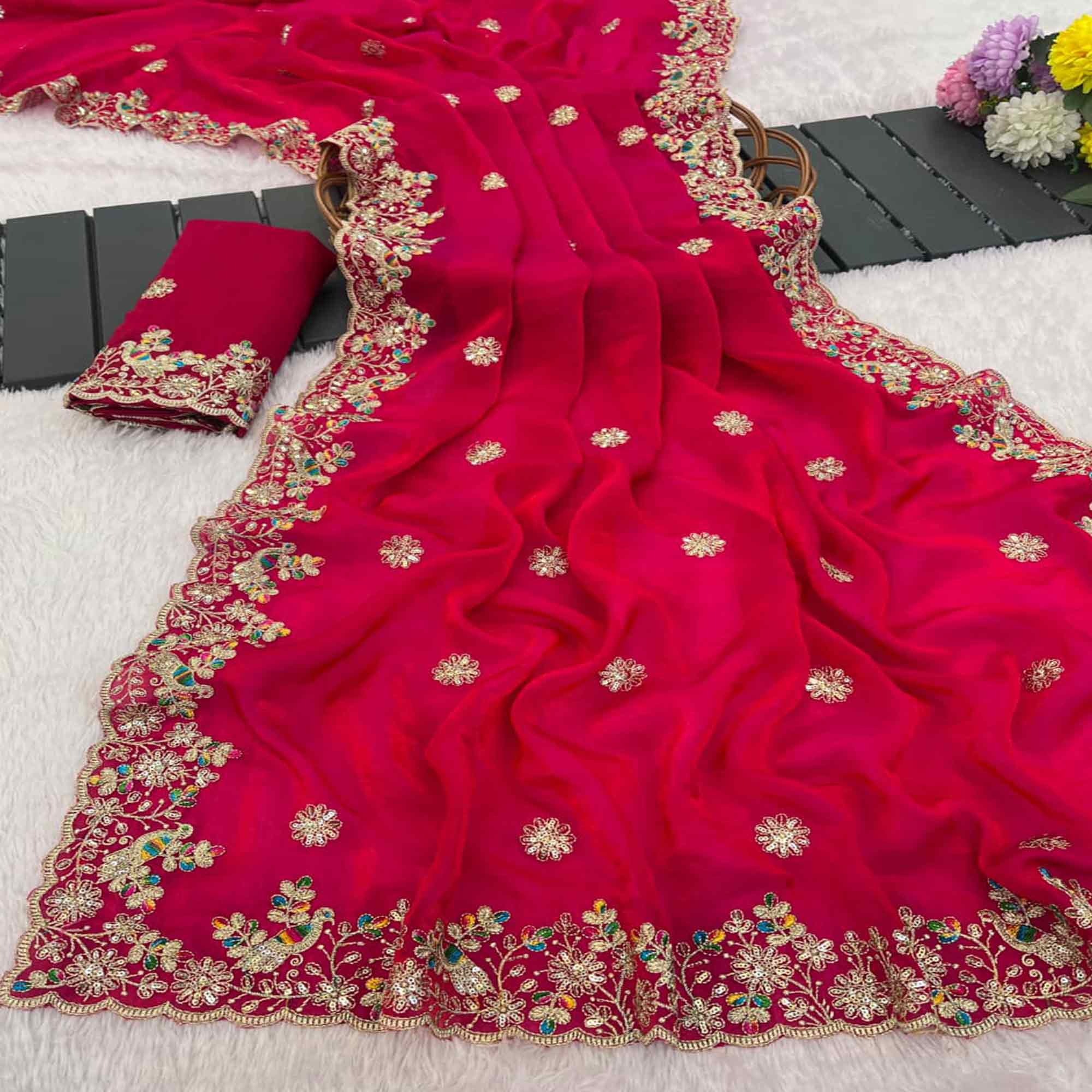 Pink Floral Embroidered Lightweight Organza Satin Silk Saree for Party and Festive Wear