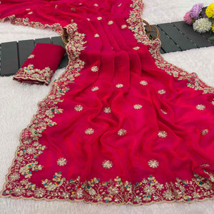 Pink Floral Embroidered Lightweight Organza Satin Silk Saree for Party and Festive Wear