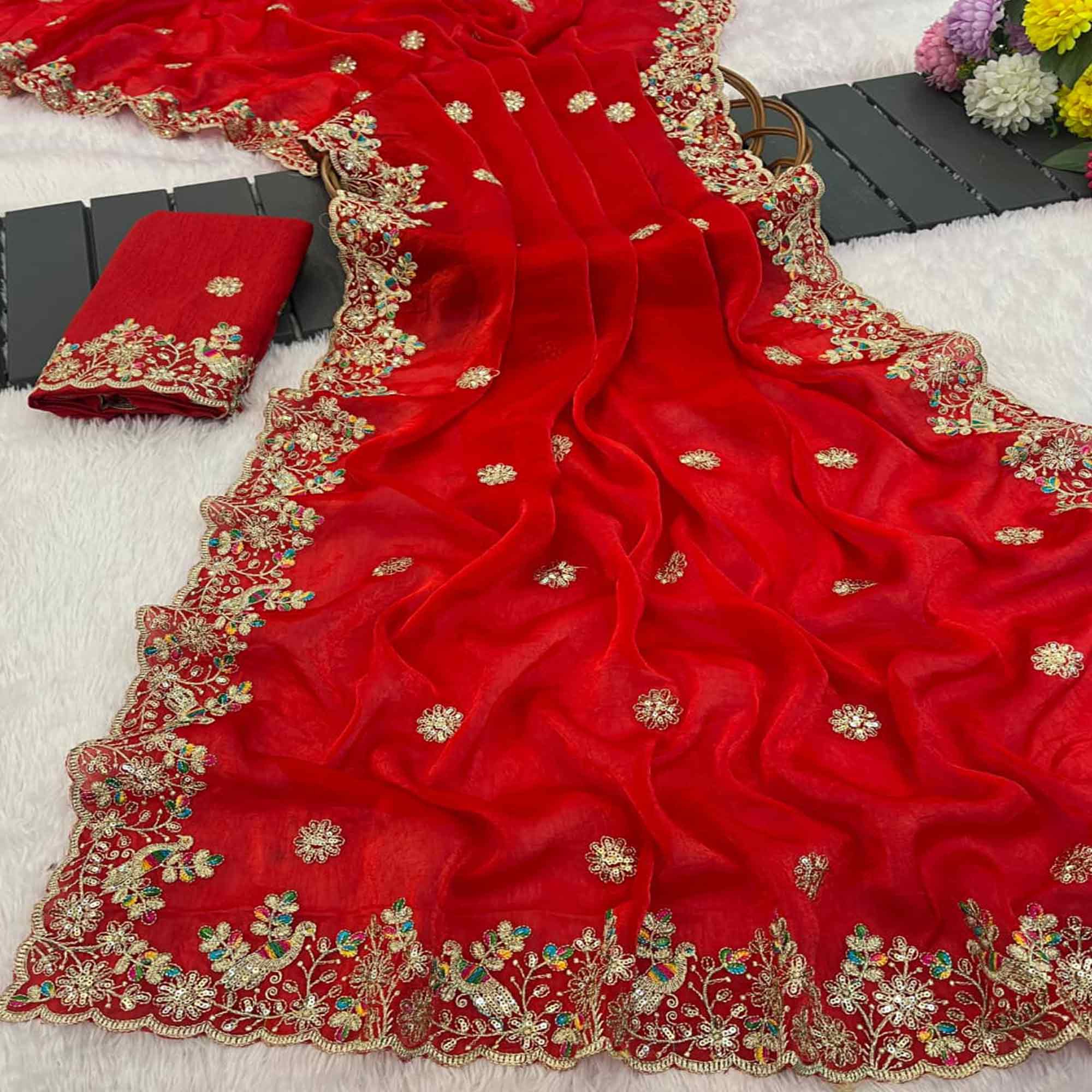 Red Floral Embroidered Lightweight Organza Satin Silk Saree for Party and Festive Wear