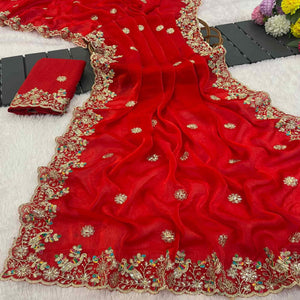 Red Floral Embroidered Lightweight Organza Satin Silk Saree for Party and Festive Wear
