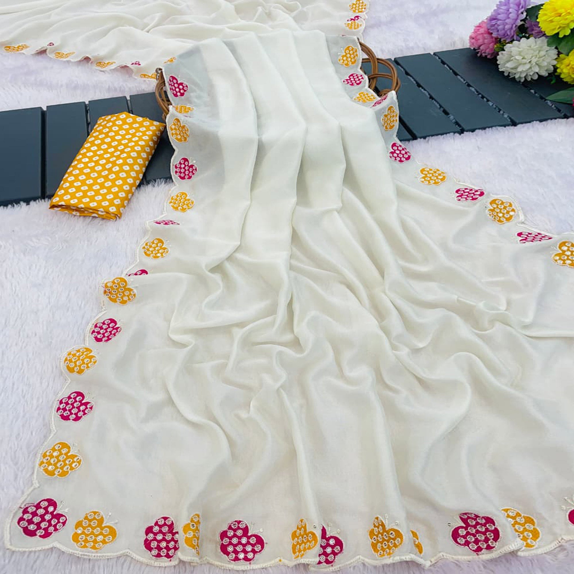 Off White Premium Vichitra Silk Saree Adorned with Intricate Embroidery Work