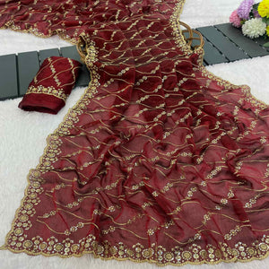Maroon Partywear Organza Chiffon Silk Saree Highlighted with Fine Sequins Detailing