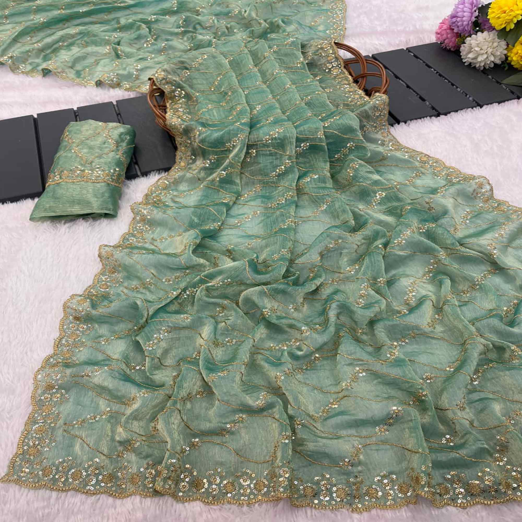Sea Green Partywear Organza Chiffon Silk Saree Highlighted with Fine Sequins Detailing