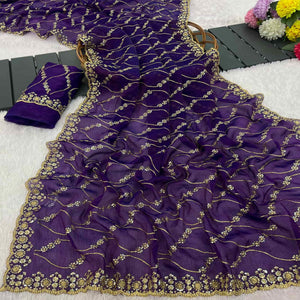 Violet Partywear Organza Chiffon Silk Saree Highlighted with Fine Sequins Detailing