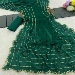 Green Soft Satin Chiffon Saree Embellished with Intricate Sequins Detailing