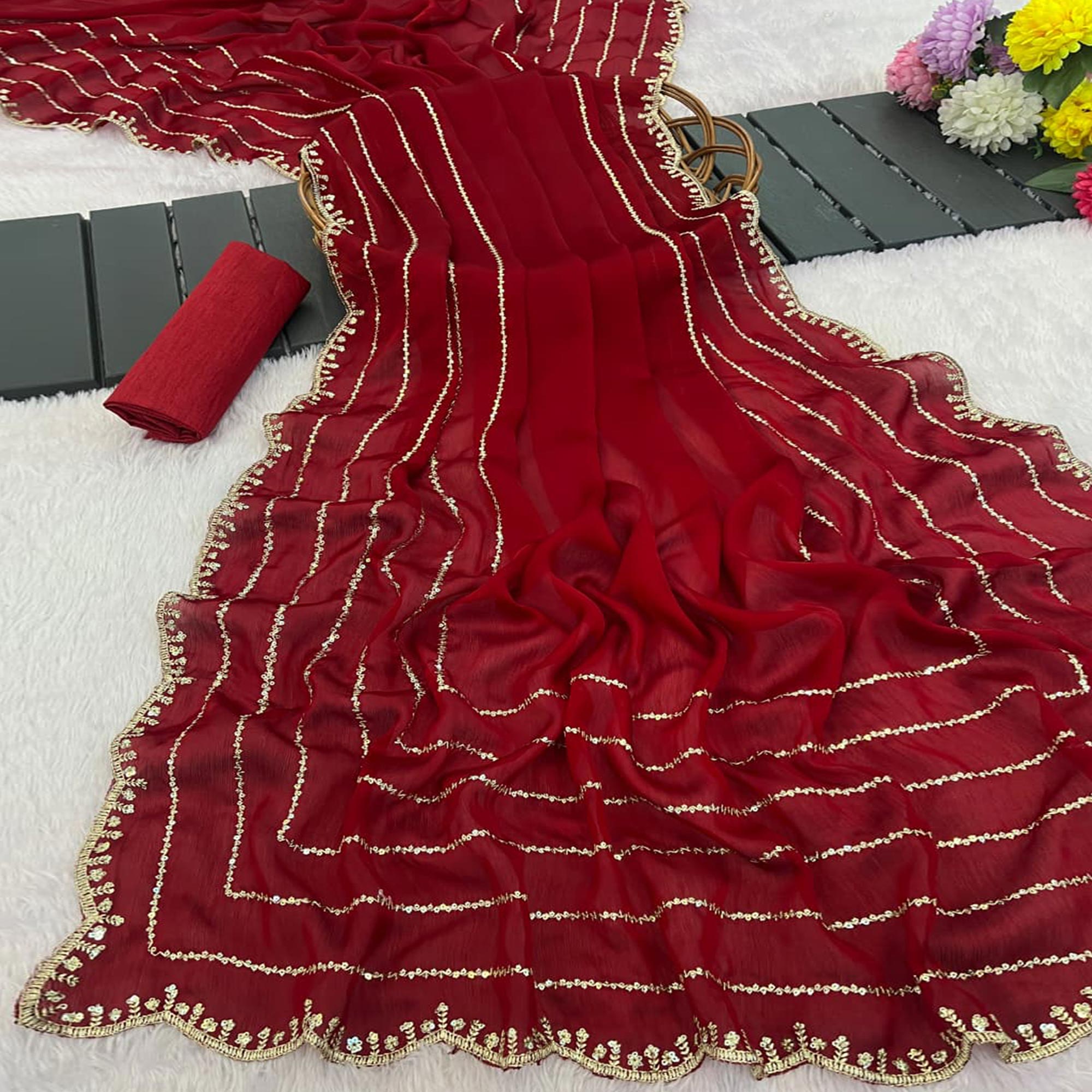 Maroon Soft Satin Chiffon Saree Embellished with Intricate Sequins Detailing